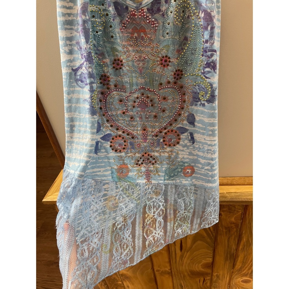 One World Tank Top Womens Small Blue  Lace Racerback Embellished Boho - Picture 3 of 6